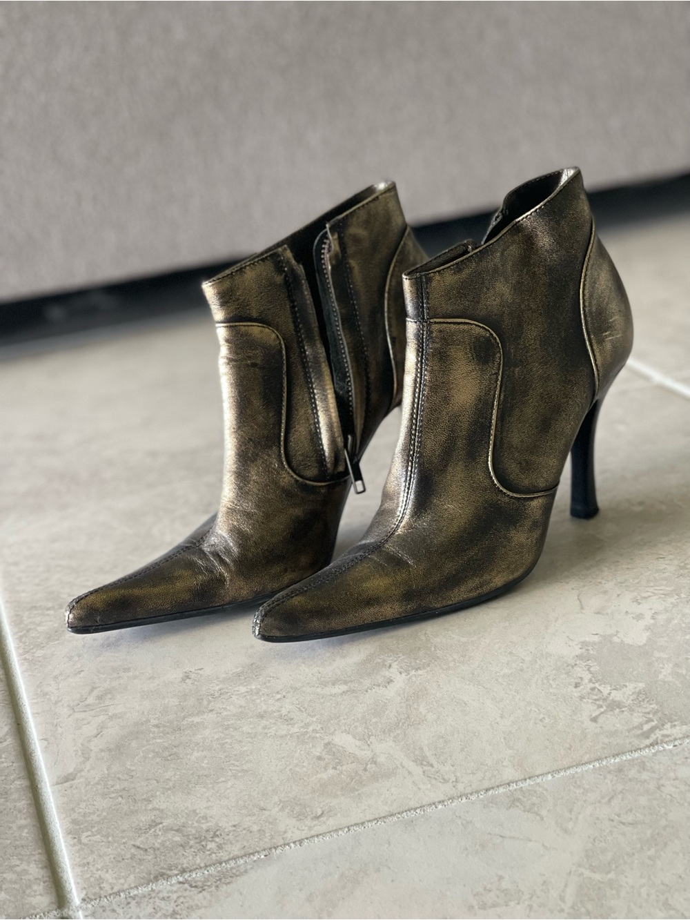 Steve Madden Metallic Olive-Gold Pointed Ankle Boots